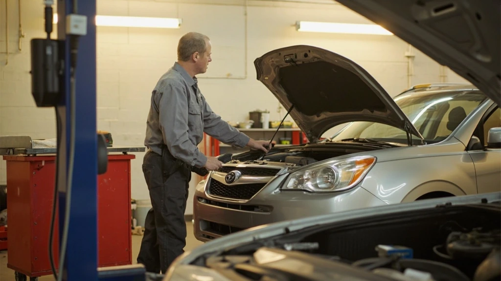 An ASE-certified technician inspecting a sedan's engine in a Wisconsin service bay