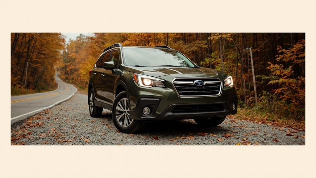 Dark green crossover SUV parked along a Wisconsin autumn road