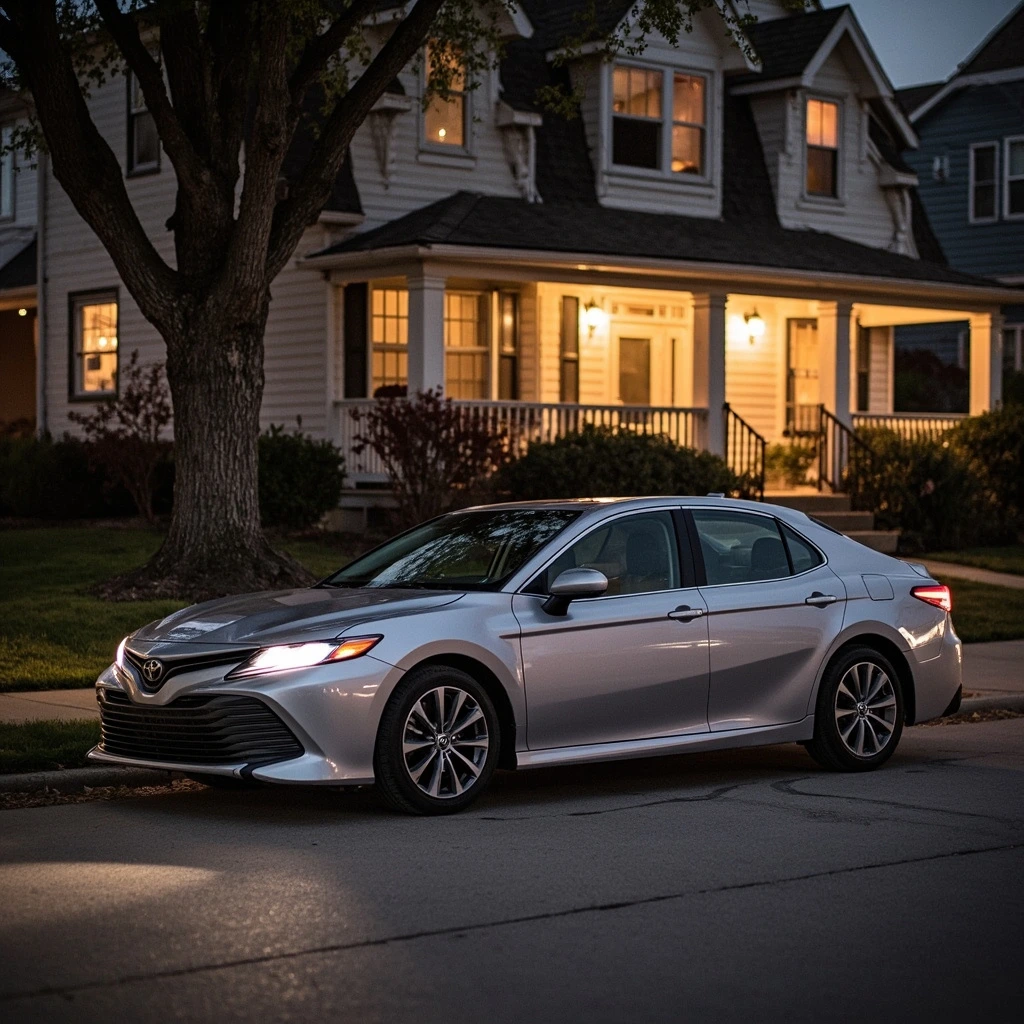 Silver sedan parked on a quiet Wisconsin street at dusk