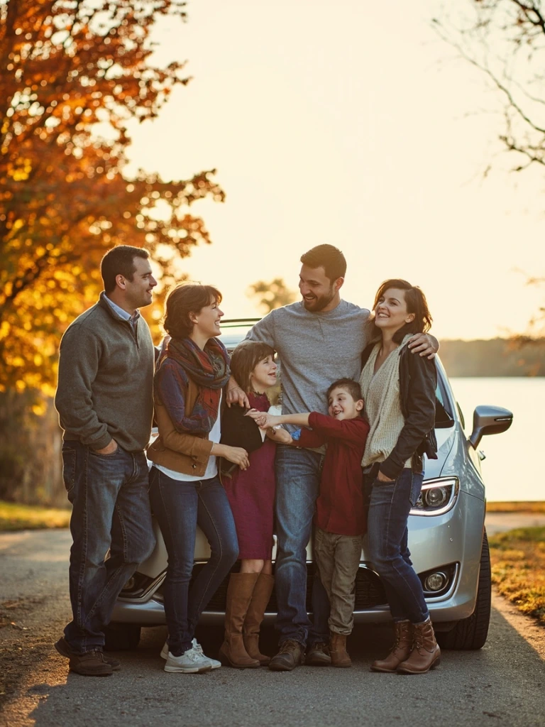 A Wisconsin family beside their minivan in a sunlit driveway
